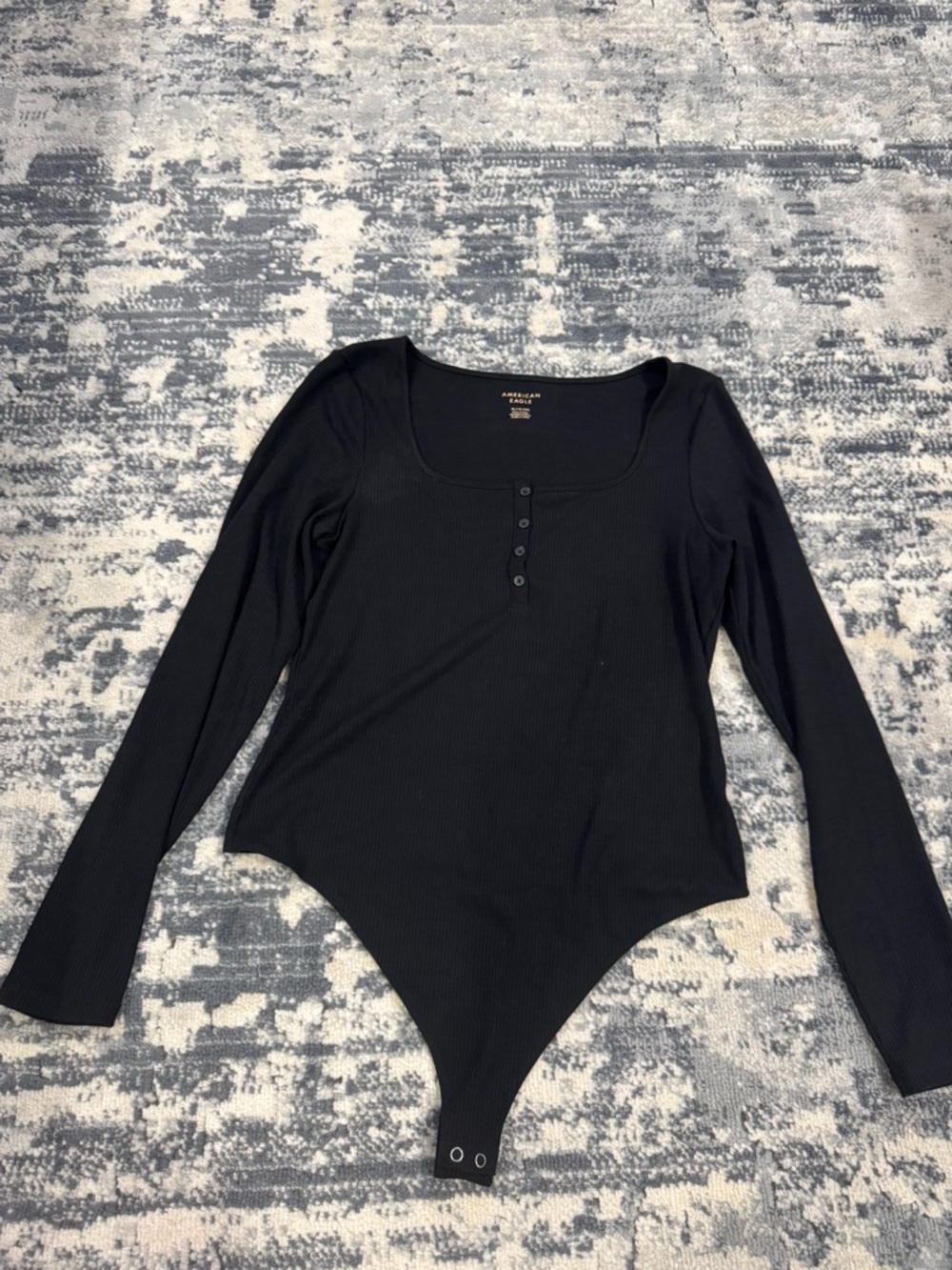 American Eagle Outfitters Black Ribbed Square-Neck Long Sleeve Bodysuit